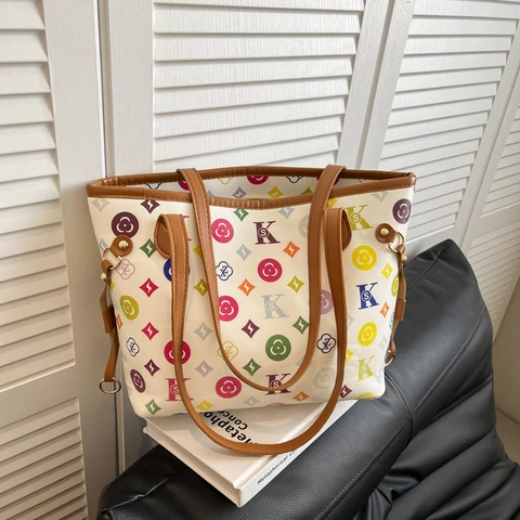 Vintage Große Kapazität Damen Tote Bag Bunte Buchstaben Monogramm Druck PU Leder Casual Mode Umhängetasche Alltag