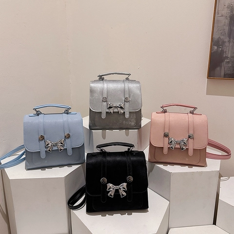 Mini Backpack PU Leather Chic Metallic Bow Decoration Multipurpose Shoulder Crossbody Handbag For Women Girls