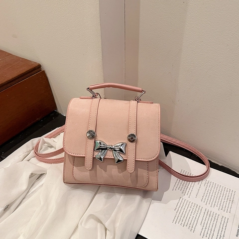 Mini Backpack PU Leather Chic Metallic Bow Decoration Multipurpose Shoulder Crossbody Handbag For Women Girls