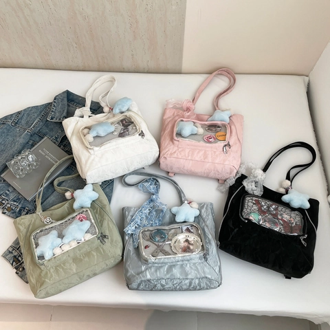 Plissiertes PU Leder Transparent Ita Bag Damen Sichtfenster Große Kapazität Tote Schultertasche Stern Anhänger Japanischer Stil