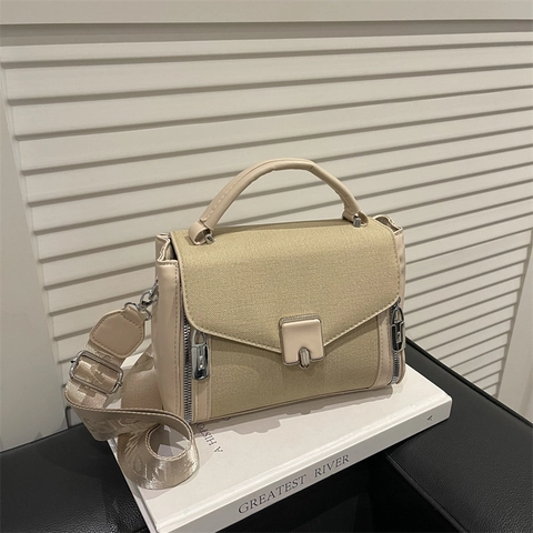 Borsa A Tracolla Donna Colore Contrasto Tela Pelle PU Patchwork Borsa A Mano Tracolla Larga Moda Semplice Retrò