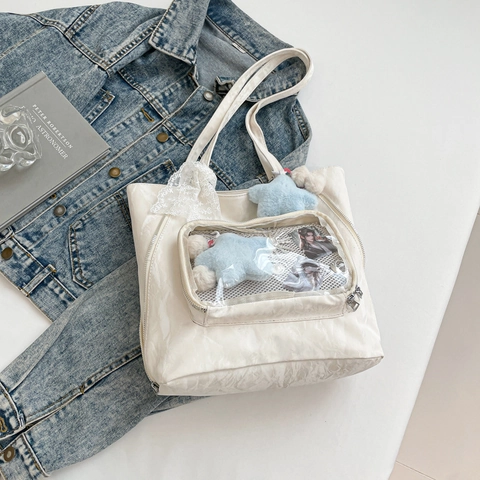 Plissiertes PU Leder Transparent Ita Bag Damen Sichtfenster Große Kapazität Tote Schultertasche Stern Anhänger Japanischer Stil