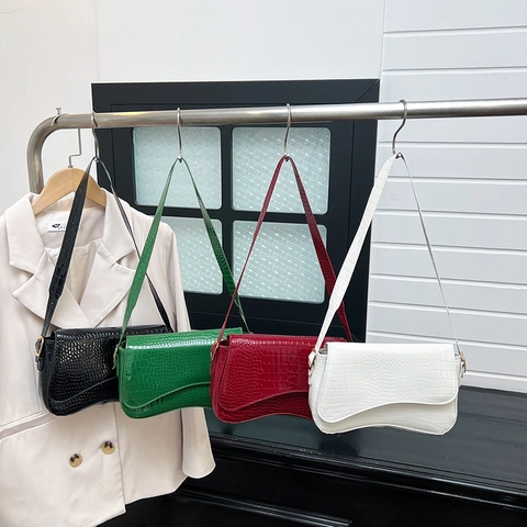 Retro Schoudertas Voor Dames Met Krokodillenreliëf PU-Leer Gegolfde Bodem Asymmetrische Flap Chic Onderarmtas