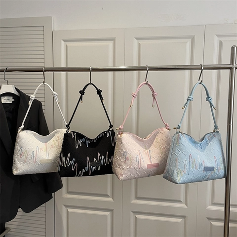 Bolso De Hombro Para Mujer Cuero Sintético Grabado Bordado De Ondas Correa Anudada Cierre De Cremallera
