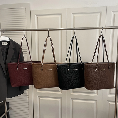 Tragetasche Mit Leopardendruck Große Kapazität Schulterhandtasche Retro Wildlederoptik Einfache Urbane Pendler Für Damen