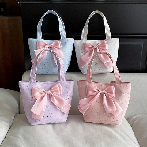 Sac Cabas En Toile Étoilée Pour Femmes Avec Grand Nœud En Satin Style Doux Sac À Main Imprimé Étoiles Pour Le Quotidien