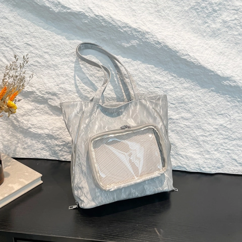 Women Large Capacity Ita Bag Tote Shoulder Bag With Transparent Window DIY Display Wrinkled Texture Casual Commuting Daily Bag
