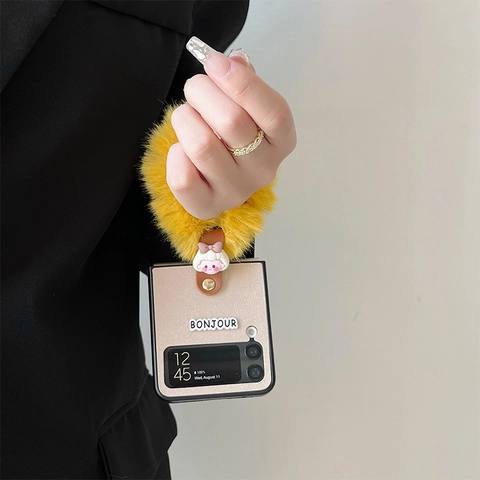 Folding Phone Case Leather Texture Plush Ring Handle Cartoon Girl Decorative Protective Cover For Foldable Phones