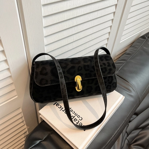 Leopard Print Baguette Shoulder Bag Vintage Underarm Handbag With Golden Lock PU Leather For Women Casual