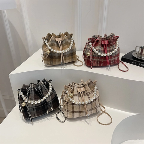 Plaid Eimer Tasche Wollene Tweed Künstliche Perle Griff Kordelzug Schulter Umhängetasche Für Frauen Retro Elegant