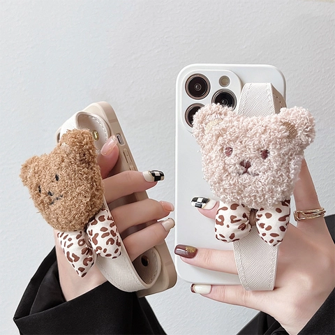 Plüsch Teddybär Handyhülle Mit Leopardenschleife Armband TPU Stoßfeste Schutzhülle Kompatibel Mit iPhone Serie