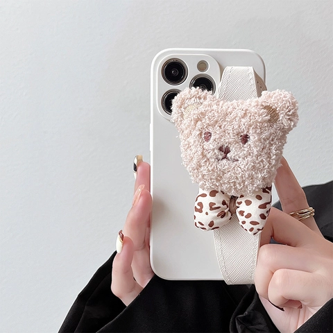 Plüsch Teddybär Handyhülle Mit Leopardenschleife Armband TPU Stoßfeste Schutzhülle Kompatibel Mit iPhone Serie