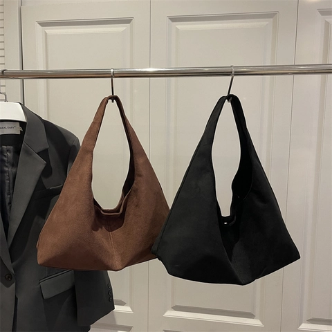 Women Vintage Suede Tote Bag Large Capacity Minimalist Hobo Shoulder Bag Commuter Casual Solid Color Frosted Leather Texture Handbag