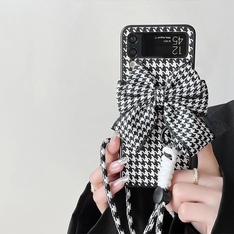 Houndstooth Folding Phone Case For Samsung Galaxy Z Flip Fold With Large Flower Bowknot Lanyard Chic Anti-drop