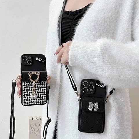 Crossbody Phone Case Wallet Quilted Leather Houndstooth Fabric Card Holder Adjustable Shoulder Strap Bow Cat Ear Decor