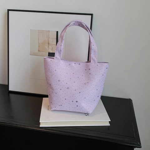 Women Sweet Star Print Canvas Tote Bag Cute Bow Decorative Lightweight Fashion Portable Shopping Handheld Storage Handbag