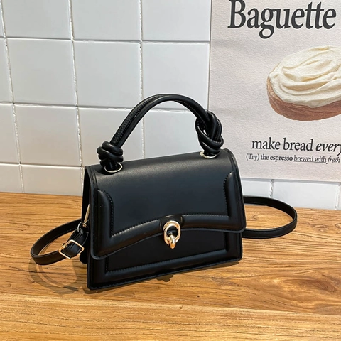 Women PU Leather Small Square Shoulder Bag Knot Handle Minimalist Gold Lock Crossbody Bag Commuter Handbag Elegant Purse