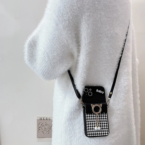 Crossbody Phone Case Wallet Quilted Leather Houndstooth Fabric Card Holder Adjustable Shoulder Strap Bow Cat Ear Decor