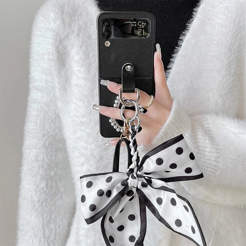 Luxury Foldable Phone Case With Crossbody Strap Saffiano Leather Faux Artificial Pearl Gemstone Big Polka Dot Bow Decorative Accessory