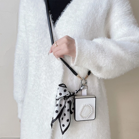 Luxury Foldable Phone Case With Crossbody Strap Saffiano Leather Faux Artificial Pearl Gemstone Big Polka Dot Bow Decorative Accessory