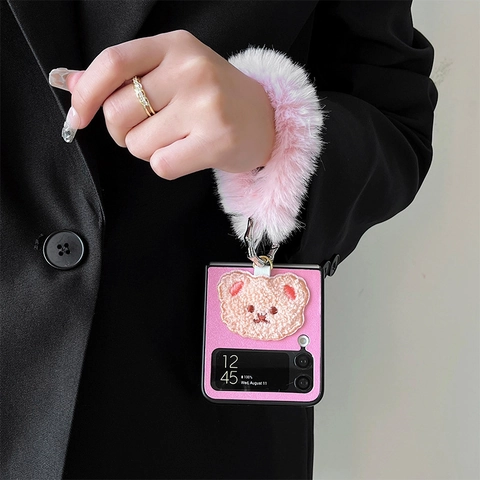 Funda Plegable Para Teléfono Con Parche De Oso De Peluche Y Cadena De Muñeca De Piel Polycarbonato Cuero PU Lindo Kawaii Diseño