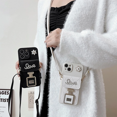 Luxury Rhinestone Perfume Bottle Phone Case With Crossbody Strap Quilted PU Leather Wallet Card Holder Mirror Smartphone