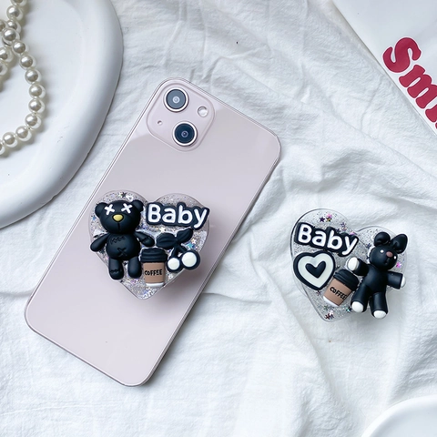 Heart Shaped Glitter Resin Phone Griptok Stretchable Adhesive Cartoon Bear Rabbit Baby Coffee Decor Desktop Stand