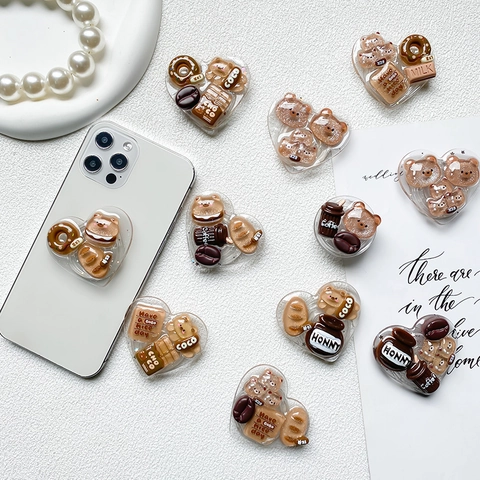 Heart Shape Phone Grip Tok Expandable Stand Holder Resin Cartoon Coffee Bear Afternoon Tea Theme Cute Universal Accessory