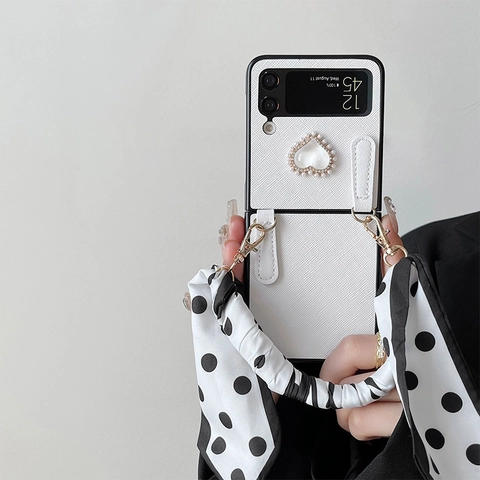 Foldable Phone Case Pu Leather With Satin Scarf Hand Strap Artificial Pearl Heart Rhinestone Bear Decoration Elegant Chic For Women