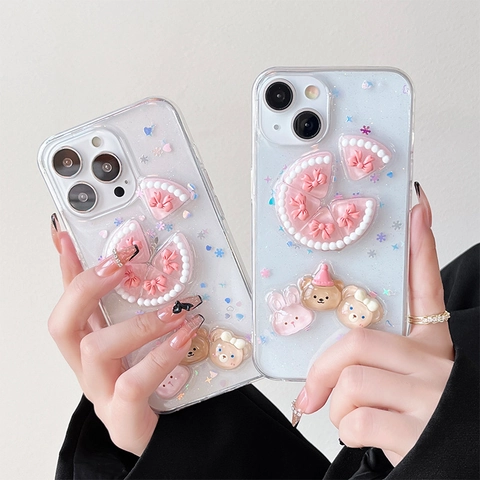 Funda De Teléfono 3D Oso Conejo Pastel Transparente TPU Brillo Resina Para 16 15 14 13 12 Estilo Lindo Hecho A Mano