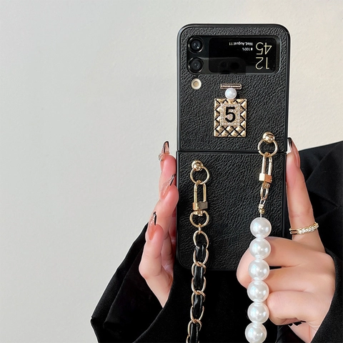 Foldable Phone Case For Samsung Z Flip Luxury Perfume Bottle Design With Artificial Pearl Hand Strap And Metal Leather Chain