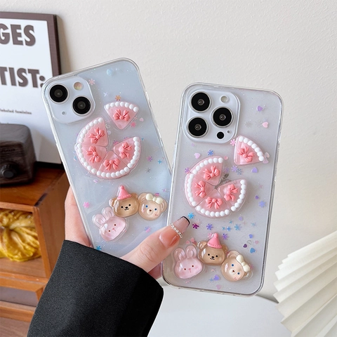 Funda De Teléfono 3D Oso Conejo Pastel Transparente TPU Brillo Resina Para 16 15 14 13 12 Estilo Lindo Hecho A Mano