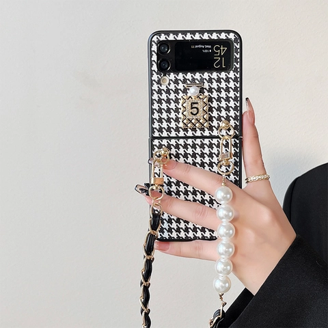 Foldable Phone Case For Samsung Z Flip Luxury Perfume Bottle Design With Artificial Pearl Hand Strap And Metal Leather Chain