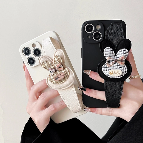 Cute 3D Rabbit Tweed Fabric Phone Case With Bowknot Wristband Strap Luxury Style TPU Silicone For Multiple Phone Models