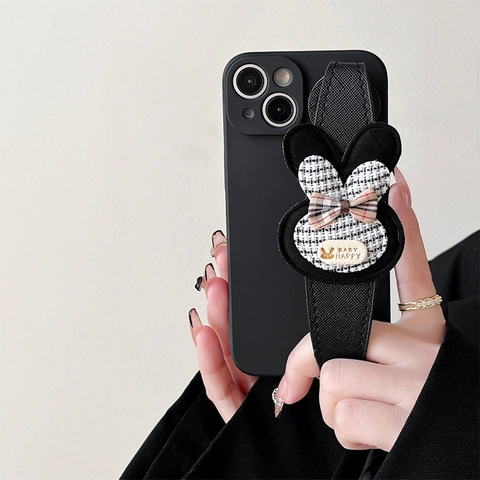 Cute 3D Rabbit Tweed Fabric Phone Case With Bowknot Wristband Strap Luxury Style TPU Silicone For Multiple Phone Models