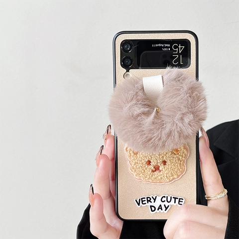 Cute Plush Bear Folding Phone Case With Faux Fur Wrist Strap Leather Texture For Samsung Z Flip Series Fold Series