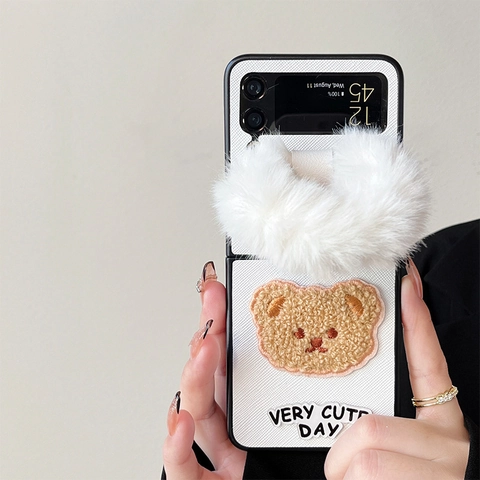 Cute Plush Bear Folding Phone Case With Faux Fur Wrist Strap Leather Texture For Samsung Z Flip Series Fold Series