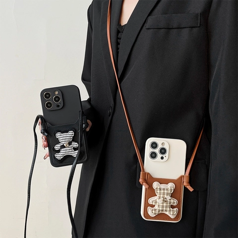 Coque De Téléphone Bandoulière Avec Porte-Carte Cuir PU Motif Ours Pied-De-Poule Sangle Amovible Housse De Protection Pour Femmes