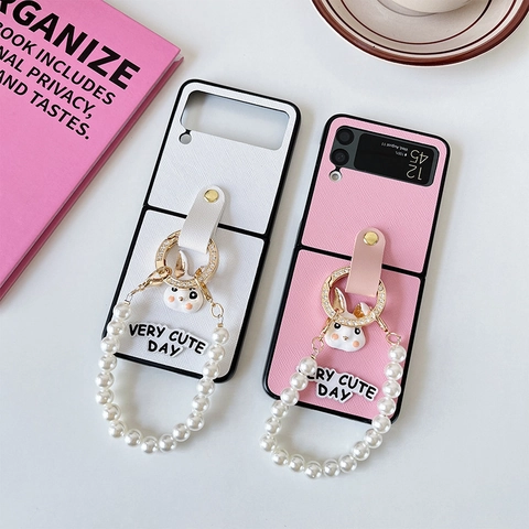 Folding Phone Case Samsung Z Flip Cross-Grain PU Leather 3D Bunny Artificial Pearl Wrist Strap Rhinestone Ring Sweet