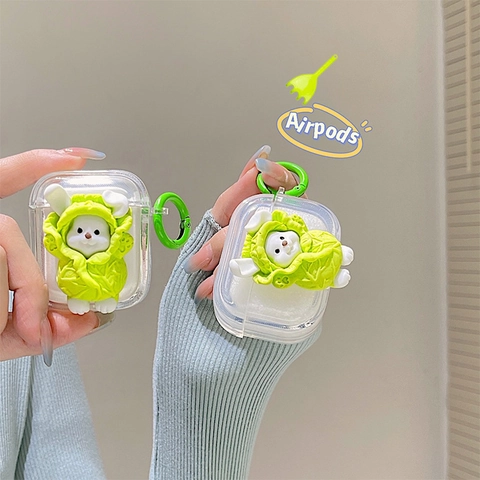 Funda Para Auriculares Conejo De Col TPU Transparente Cubierta Protectora Para Auriculares Inalámbricos Con Anillo Verde Lindo