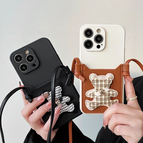 Coque De Téléphone Bandoulière Avec Porte-Carte Cuir PU Motif Ours Pied-De-Poule Sangle Amovible Housse De Protection Pour Femmes