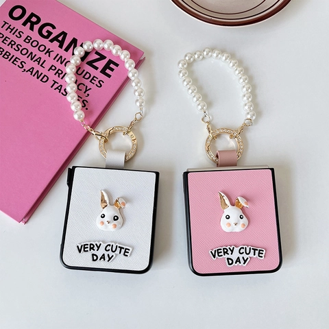 Folding Phone Case Samsung Z Flip Cross-Grain PU Leather 3D Bunny Artificial Pearl Wrist Strap Rhinestone Ring Sweet