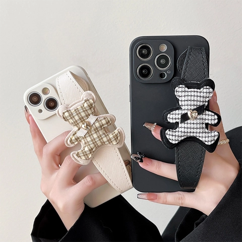 Phone Case With Wristband Strap Dimensional Plaid Fabric Bear Golden Heart Protective TPU Soft Cover Cute Fashion Luxury