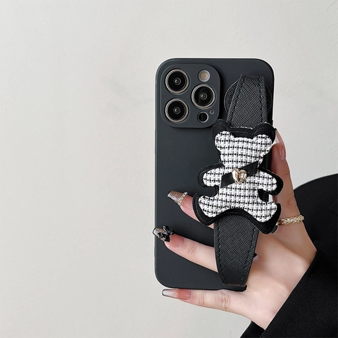 Phone Case With Wristband Strap Dimensional Plaid Fabric Bear Golden Heart Protective TPU Soft Cover Cute Fashion Luxury