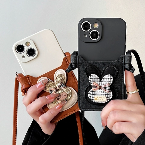 Funda De Teléfono Cartera Cruzada Con Correa Desmontable Cuero PU Lazo A Cuadros Conejo De Tela Tarjetero Para Mujer