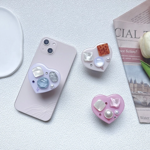 Heart Shaped Phone Grip Holder Rhinestone Faux Artificial Pearl Collapsible Griptok For Smartphones Korean Ins Style Luxury Sweet