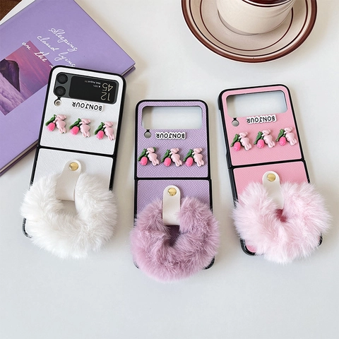 Foldable Phone Case For Samsung Z Flip Series Plush Faux Fur Wrist Strap Crosshatch 3D Rabbit Tulip Charms Kawaii Cover