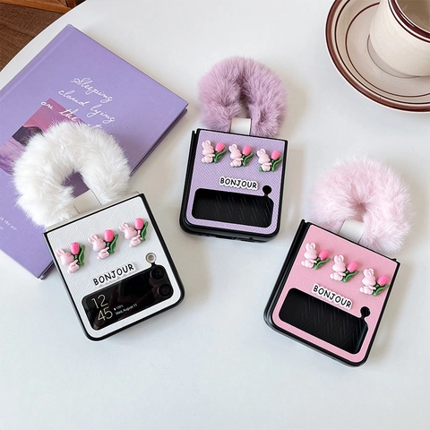 Foldable Phone Case For Samsung Z Flip Series Plush Faux Fur Wrist Strap Crosshatch 3D Rabbit Tulip Charms Kawaii Cover