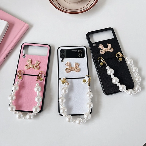 Foldable Phone Case For Samsung Galaxy Z Flip Cross Grain Leather Artificial Pearl Bow Rhinestone Luxury Handheld Artificial Pearl Chain Strap