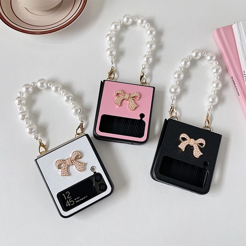 Foldable Phone Case For Samsung Galaxy Z Flip Cross Grain Leather Artificial Pearl Bow Rhinestone Luxury Handheld Artificial Pearl Chain Strap